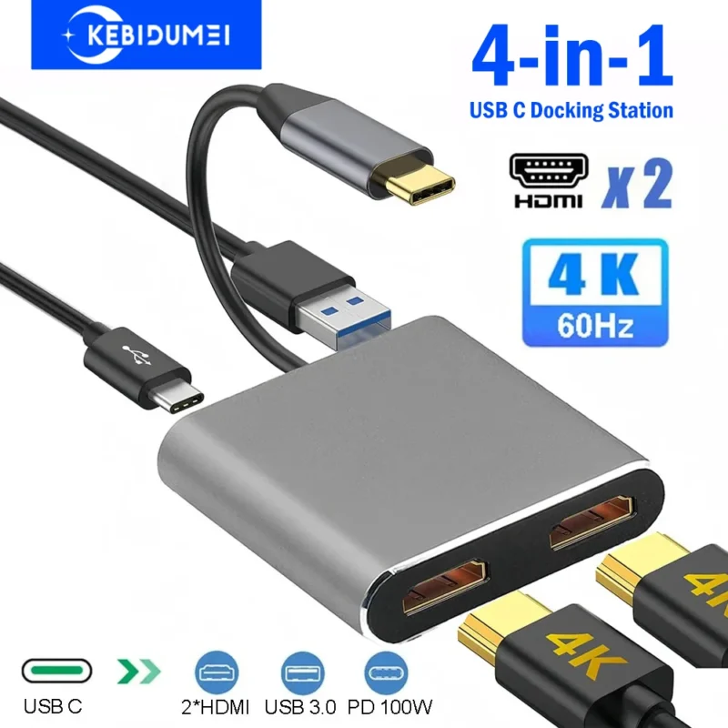 4-in-1 USB C Docking Station Dual HDMI 4K60Hz USB 3.0 HUB Type C to HDMI Adapter USB C HUB TYPC C Splitter For Laptop Macbook