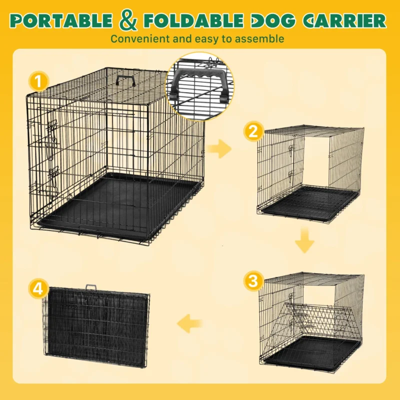 JHK Double Door Folding Metal Wire Dog Cage with Plastic Leak-Proof Pan Tray Extra Large Pet Kennel for Indoor Outdoor Travel