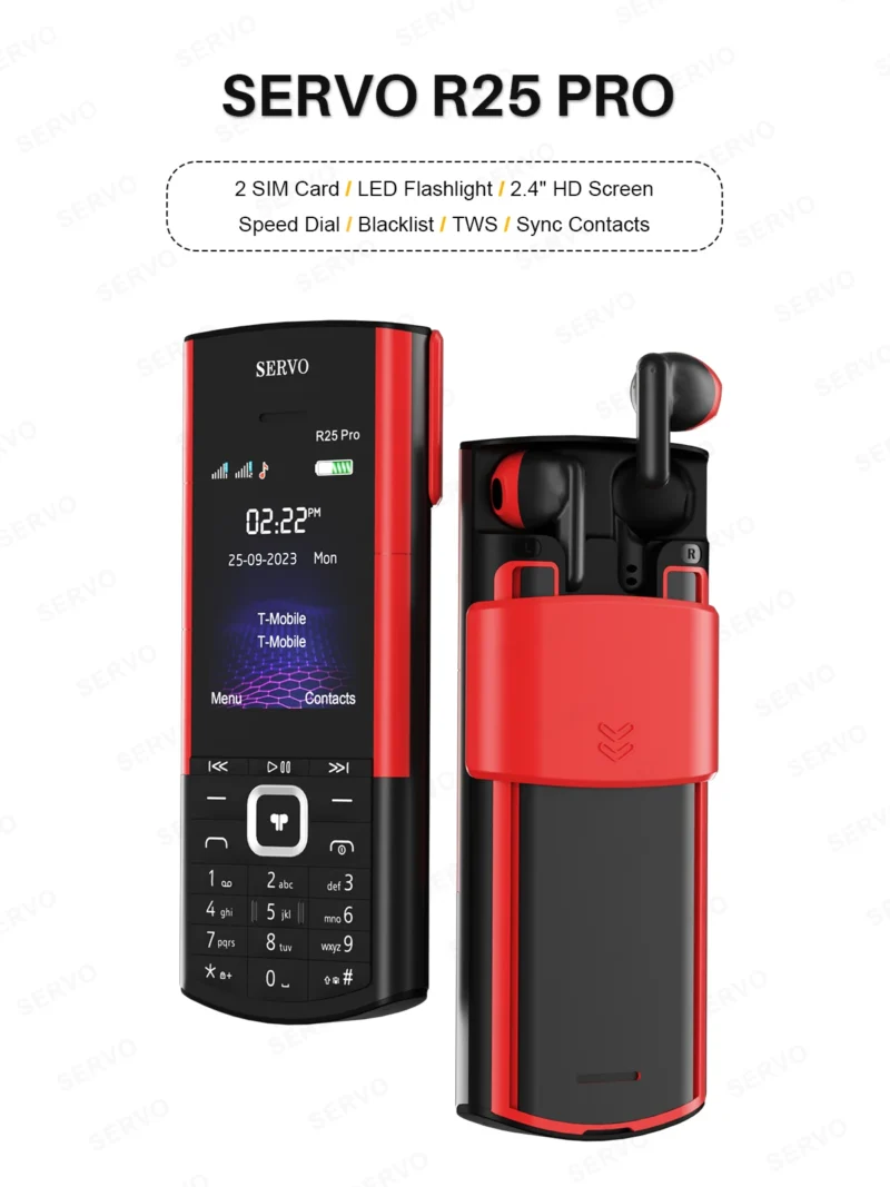SERVO R25 PRO Mobile Phone Dual SIM Standby Call Recording Speed Dial Blacklist Torch FM 2G GSM Cellphone Built-in TWS Earphones