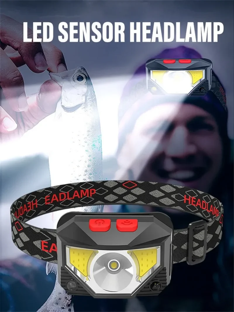 Rechargeable LED Headlamp Sensor Headlight With COB and LED Beads 8 Lighting Modes White and Red Light Fishing Light