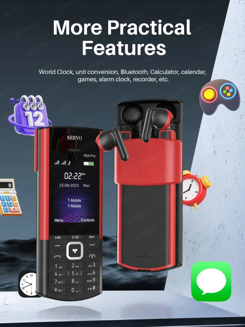 SERVO R25 PRO Mobile Phone Dual SIM Standby Call Recording Speed Dial Blacklist Torch FM 2G GSM Cellphone Built-in TWS Earphones