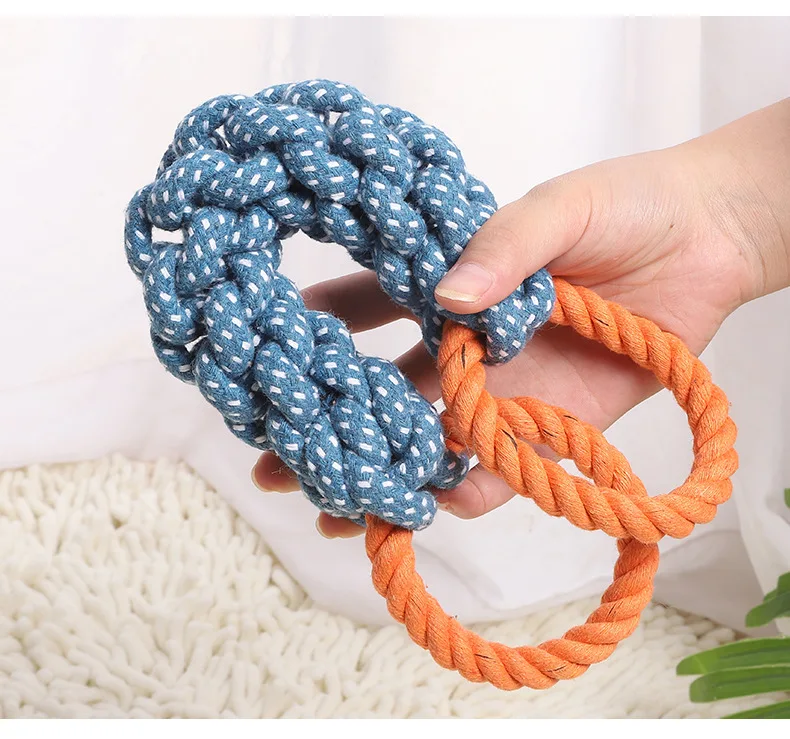 Pet dog toy Double-ring chewable cotton knot toy Tooth cleaning Durable braided bone rope Pet teething toy Pet supplies