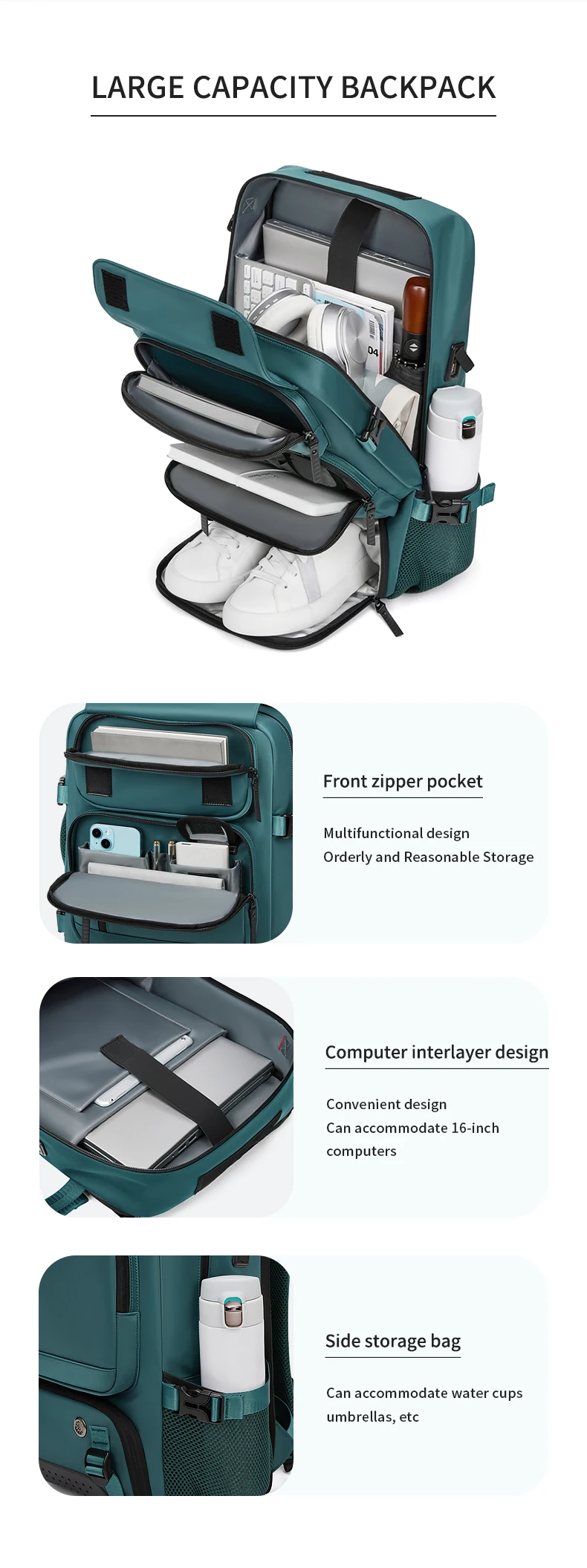 Woman travel backpack,waterproof 16 inch Business Laptop Backpack with Shoe Bag Hidden USB charging port Hiking camping backpack