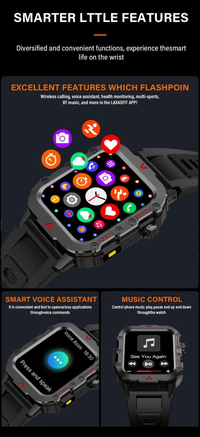 LAXASFIT Men Sports Smart Watch 1.71 Screen Blood Oxygen Bluetooth Talking Watch Multi Sport LED Flashlight Outdoor Smart Watch