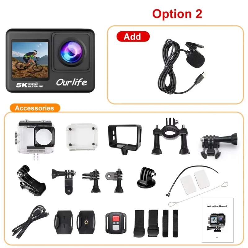 Ourlife 5K Action Camera 4K60FPS 2.0 Inch Touch Screen WiFi 170° Wide Angle 30M Waterproof Helmet Video Recording Sports Cameras