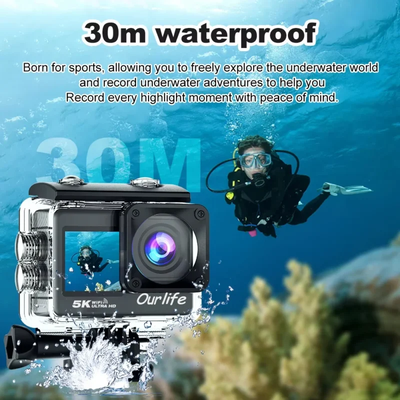 Ourlife 5K Action Camera 4K60FPS 2.0 Inch Touch Screen WiFi 170° Wide Angle 30M Waterproof Helmet Video Recording Sports Cameras