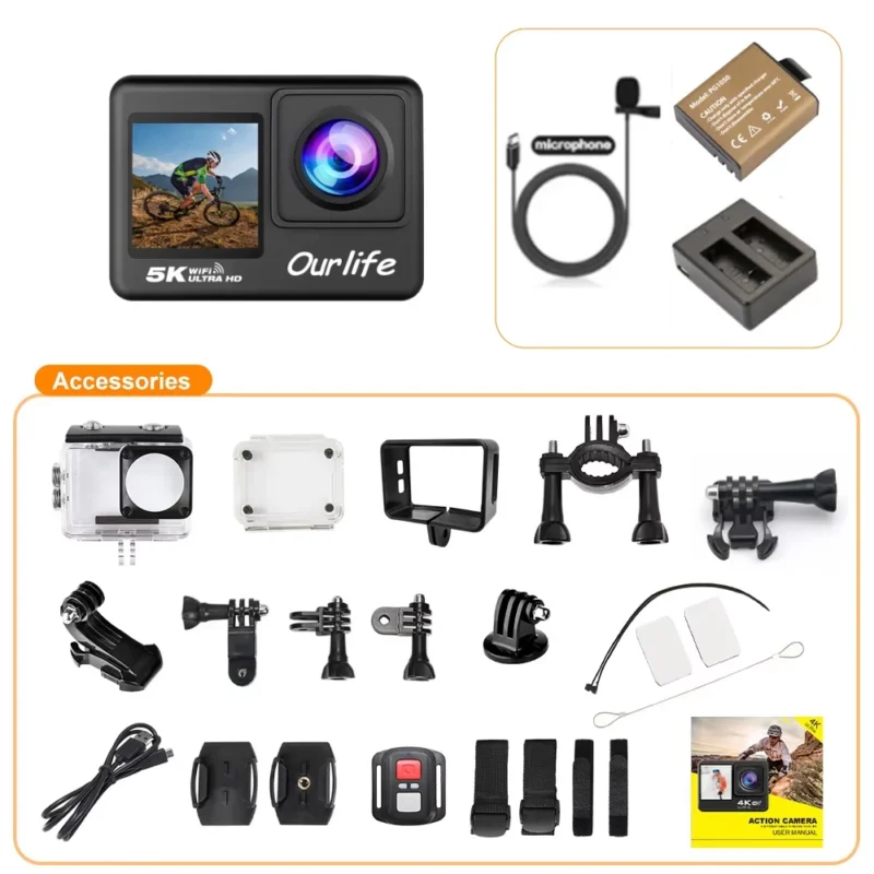 Ourlife 5K Action Camera 4K60FPS 2.0 Inch Touch Screen WiFi 170° Wide Angle 30M Waterproof Helmet Video Recording Sports Cameras