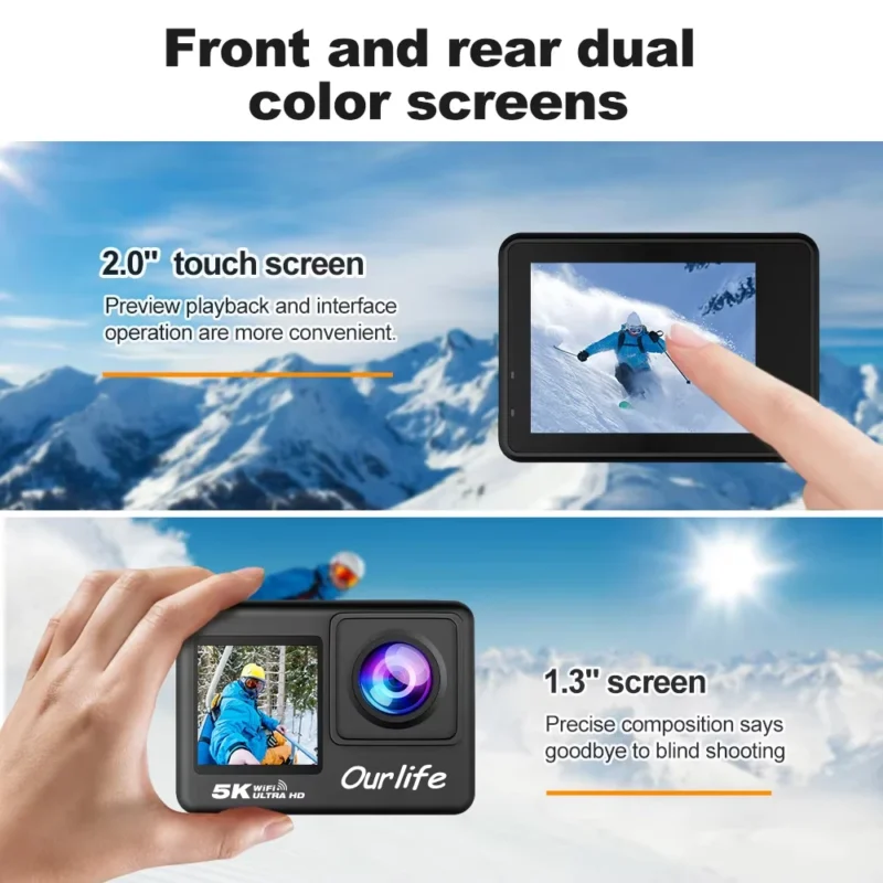 Ourlife 5K Action Camera 4K60FPS 2.0 Inch Touch Screen WiFi 170° Wide Angle 30M Waterproof Helmet Video Recording Sports Cameras