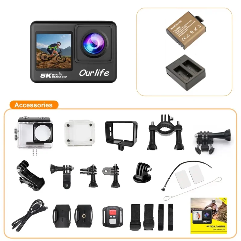 Ourlife 5K Action Camera 4K60FPS 2.0 Inch Touch Screen WiFi 170° Wide Angle 30M Waterproof Helmet Video Recording Sports Cameras