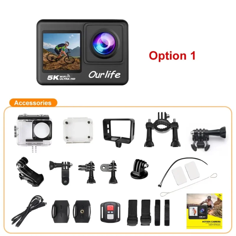 Ourlife 5K Action Camera 4K60FPS 2.0 Inch Touch Screen WiFi 170° Wide Angle 30M Waterproof Helmet Video Recording Sports Cameras