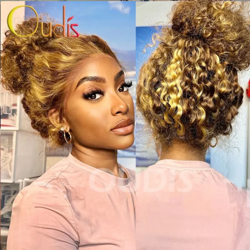 Water Wave 30 Inch Invisible Strap 360 Full Lace Front Wig Honey Blonde Highlight Deep Wave Frontal Wig Glueless Wig Human Hair