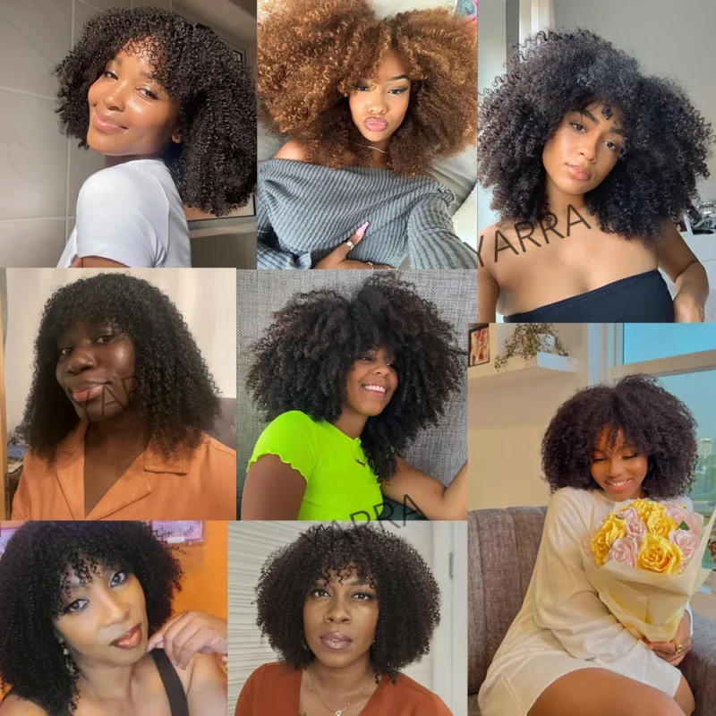 Afro Kinky Curly Human Hair Wig With Bangs For Black Women 180% 250% Density Brazilian Remy Full Machine Made Hair Yarra