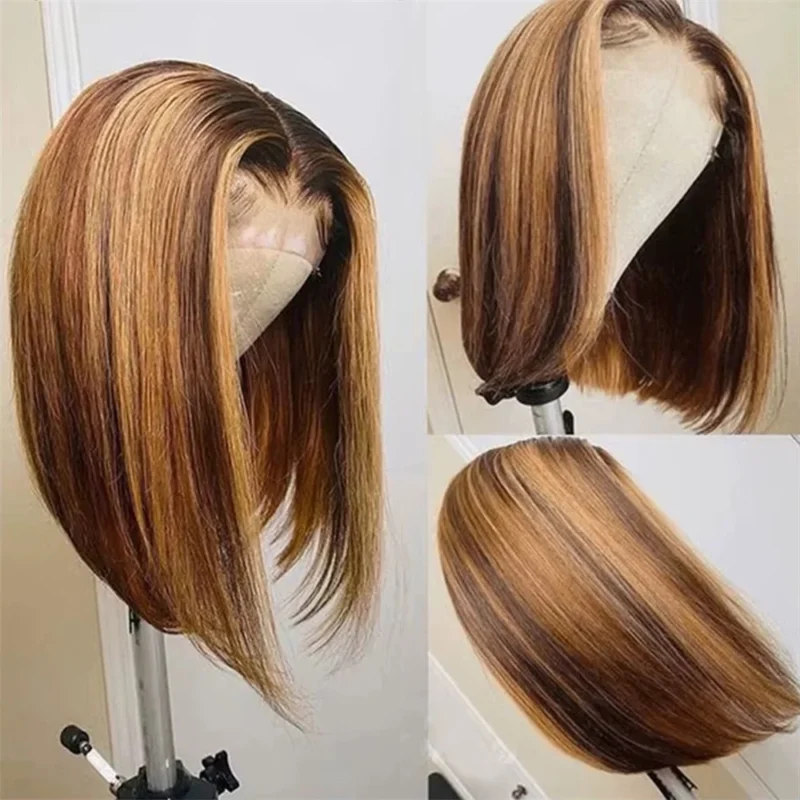 Highlight Color Short Bob Wigs Straight 13x4 Lace Frontal Wigs Brazilian Human Hair 200% Density Full Front Bob Wig For Women