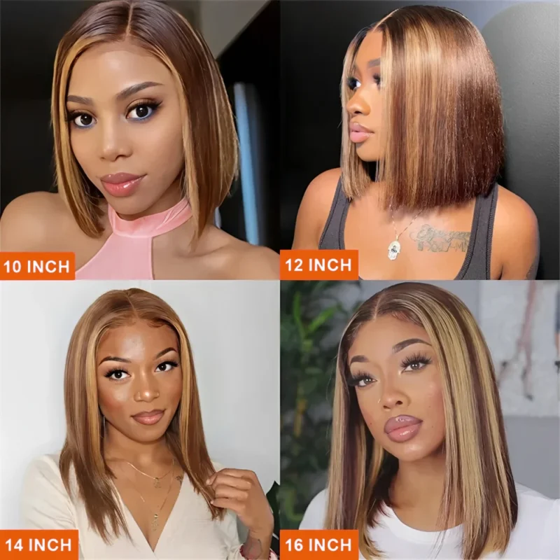 Highlight Color Short Bob Wigs Straight 13x4 Lace Frontal Wigs Brazilian Human Hair 200% Density Full Front Bob Wig For Women