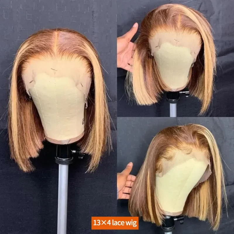 Highlight Color Short Bob Wigs Straight 13x4 Lace Frontal Wigs Brazilian Human Hair 200% Density Full Front Bob Wig For Women