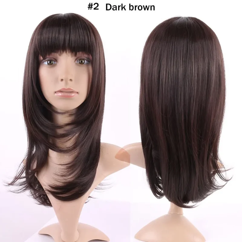 S-noilite Synthetic Hair Straight Brown Wig With Bangs For Black Women Fake Hair Heat Resistant Wigs For African American