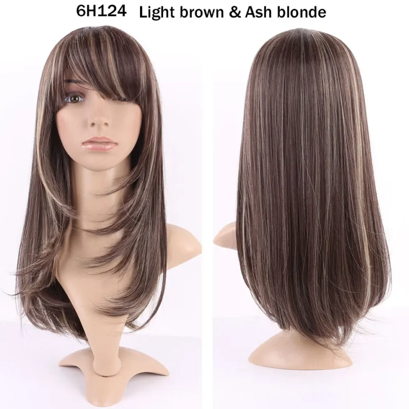 S-noilite Synthetic Hair Straight Brown Wig With Bangs For Black Women Fake Hair Heat Resistant Wigs For African American
