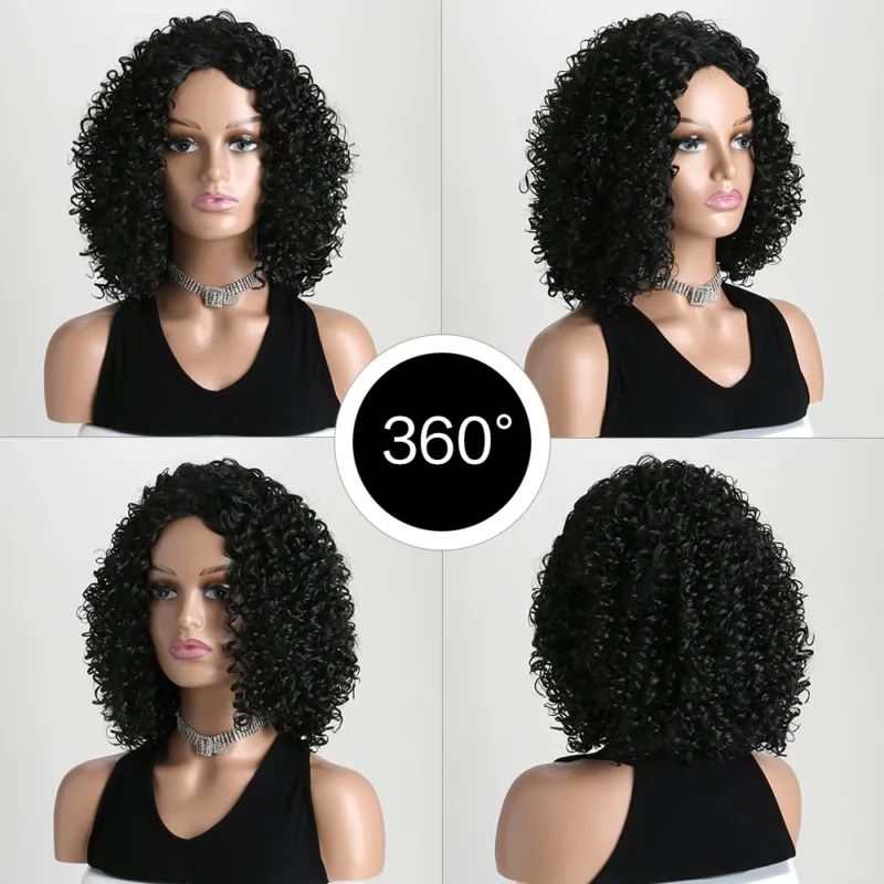 12 Inch Synthetic Afro Black Curly Wigs for Women Wave African American Wig with Side Bang Natural Hairstyles Full Hair Replacem