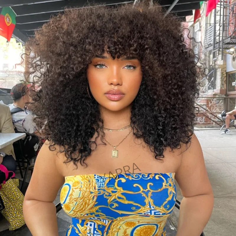 Afro Kinky Curly Human Hair Wig With Bangs For Black Women 180% 250% Density Brazilian Remy Full Machine Made Hair Yarra