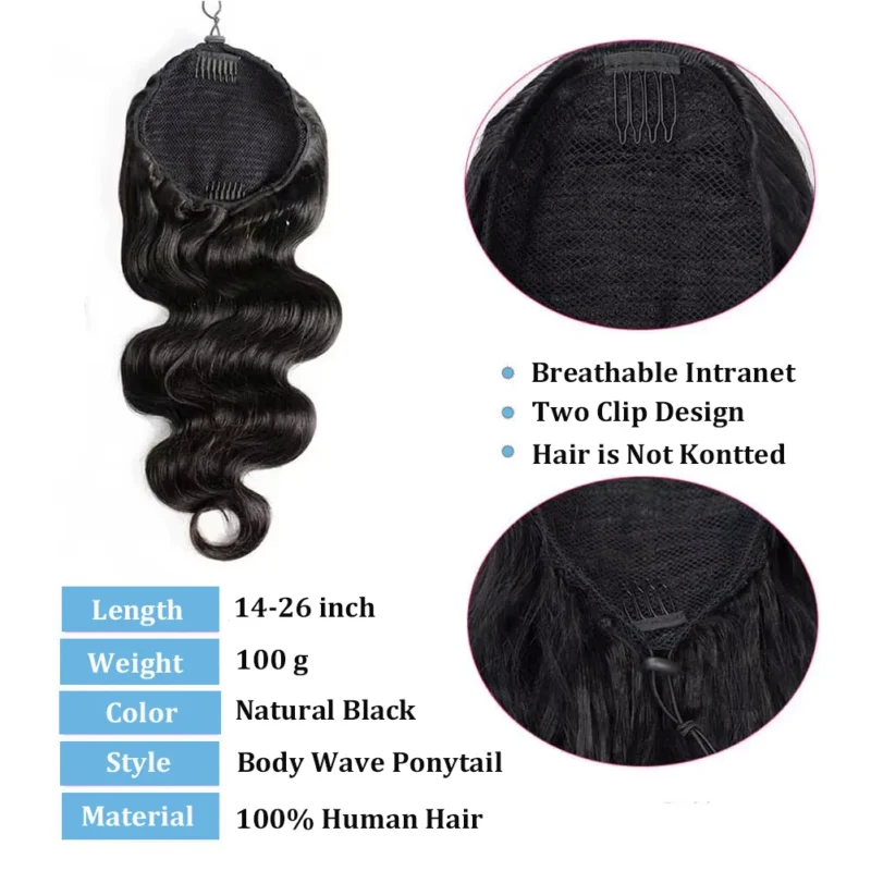 Body Wave Human Hair Drawstring Ponytail Extensions Remy Hairpiece Natural Ponytail Clip In Hair Extensions For Woman 100G/piece