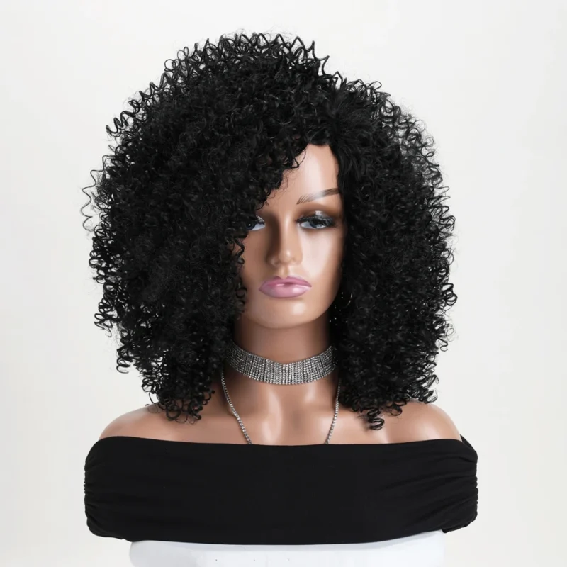 12 Inch Synthetic Afro Black Curly Wigs for Women Wave African American Wig with Side Bang Natural Hairstyles Full Hair Replacem