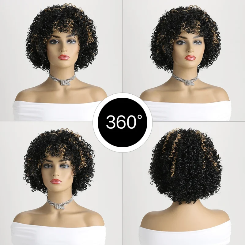 12 Inch Synthetic Afro Black Curly Wigs for Women Wave African American Wig with Side Bang Natural Hairstyles Full Hair Replacem