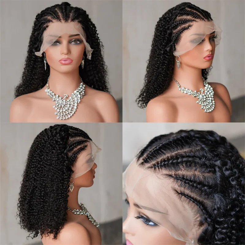 Short Bob Braid Wigs Human Hair Afro Kinky Curly Lace Front Wigs for Women Natural Black 250% Density Brazilian Remy Hair 16inch