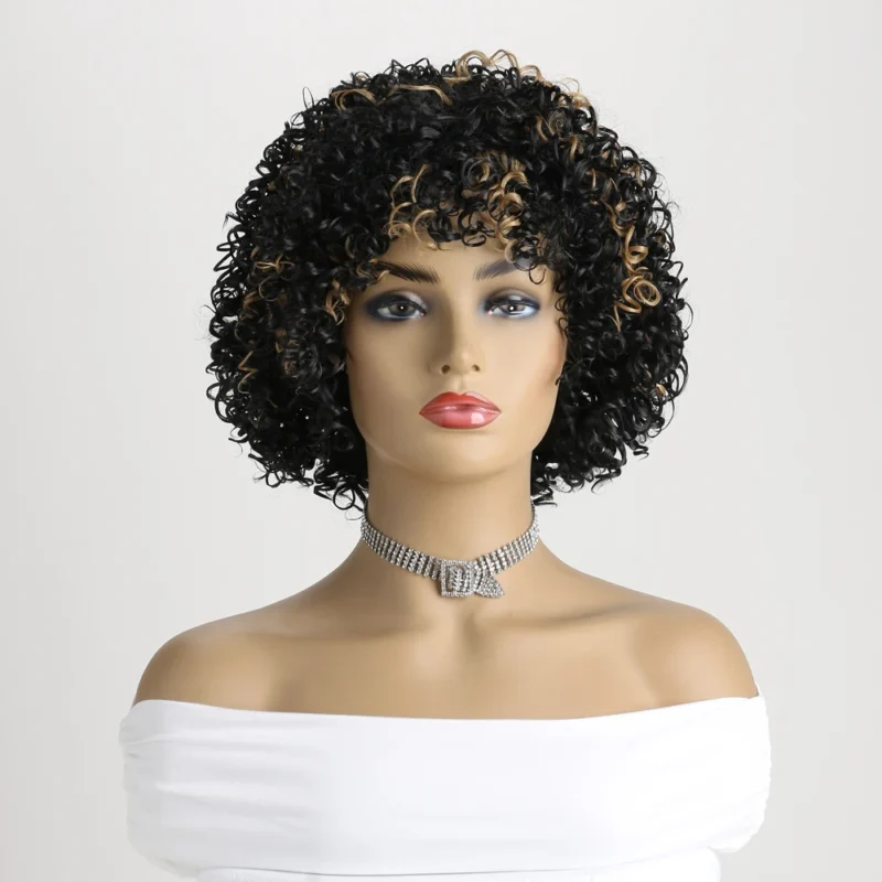 12 Inch Synthetic Afro Black Curly Wigs for Women Wave African American Wig with Side Bang Natural Hairstyles Full Hair Replacem