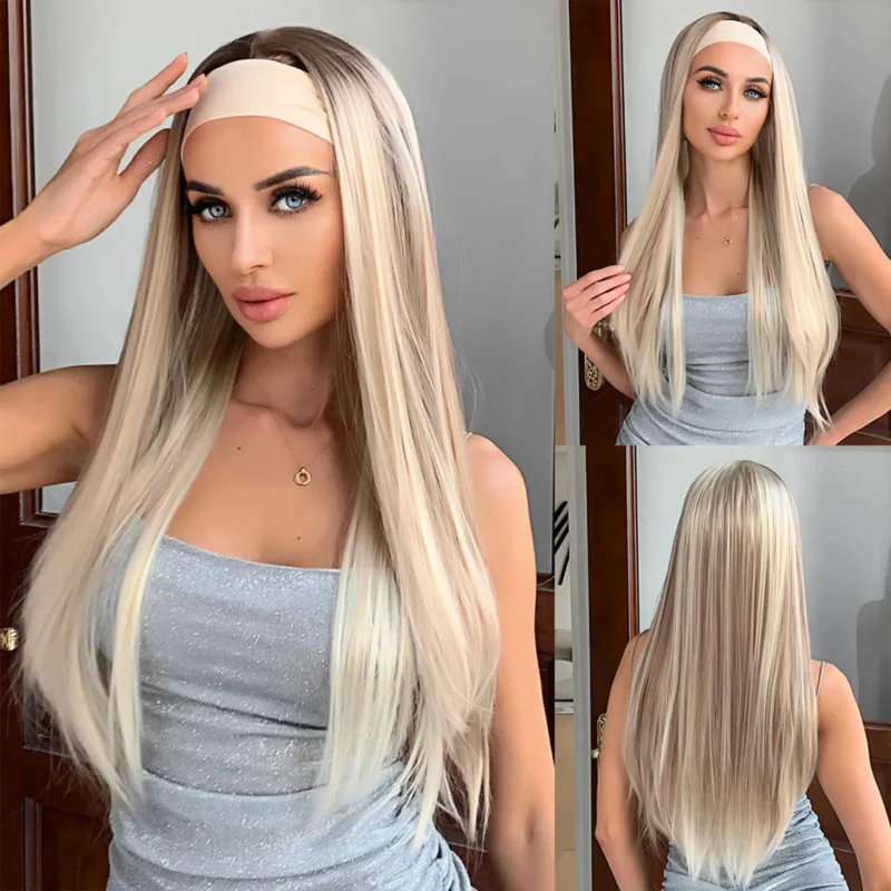 Headband Synthetic Wigs Long Afro Kinky Curly Golden Blonde Platinum Ombre Wig for Black Women Use Water Wave Wig Heat Resistant