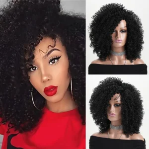 12 Inch Synthetic Afro Black Curly Wigs for Women Wave African American Wig with Side Bang Natural Hairstyles Full Hair Replacem