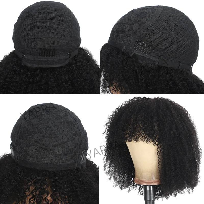 Afro Kinky Curly Human Hair Wig With Bangs For Black Women 180% 250% Density Brazilian Remy Full Machine Made Hair Yarra