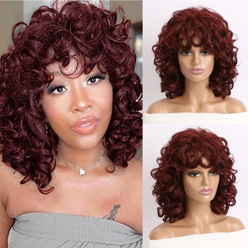 12 Inch Synthetic Afro Black Curly Wigs for Women Wave African American Wig with Side Bang Natural Hairstyles Full Hair Replacem