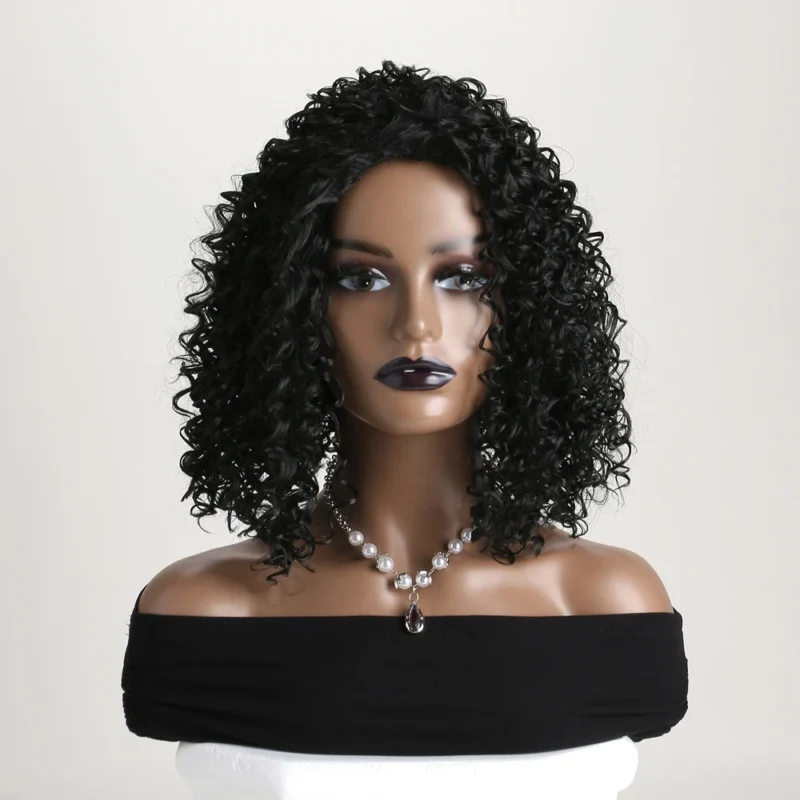 12 Inch Synthetic Afro Black Curly Wigs for Women Wave African American Wig with Side Bang Natural Hairstyles Full Hair Replacem