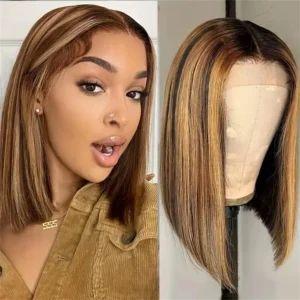 Highlight Color Short Bob Wigs Straight 13x4 Lace Frontal Wigs Brazilian Human Hair 200% Density Full Front Bob Wig For Women