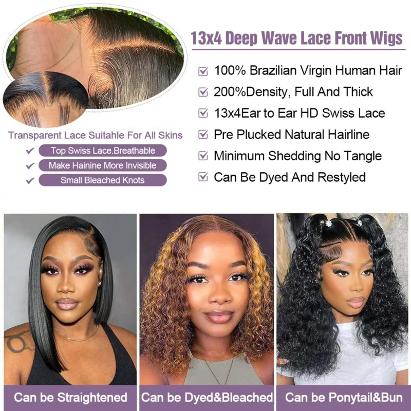Wear And Go 100 Half Bob Wigs Human Hair 13x6 Glueless Lace Front Braided Wig Hd Frontal Kinky Burmese Curly Bob Deep Wave Water