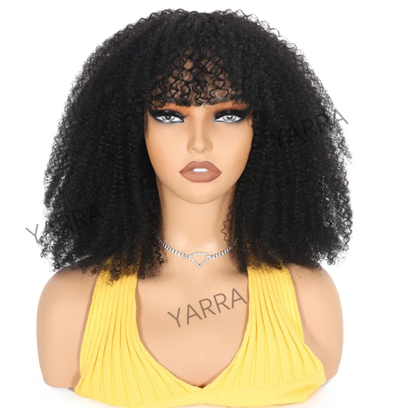 Afro Kinky Curly Human Hair Wig With Bangs For Black Women 180% 250% Density Brazilian Remy Full Machine Made Hair Yarra