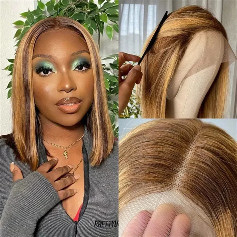 Highlight Color Short Bob Wigs Straight 13x4 Lace Frontal Wigs Brazilian Human Hair 200% Density Full Front Bob Wig For Women