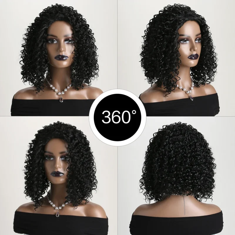 12 Inch Synthetic Afro Black Curly Wigs for Women Wave African American Wig with Side Bang Natural Hairstyles Full Hair Replacem