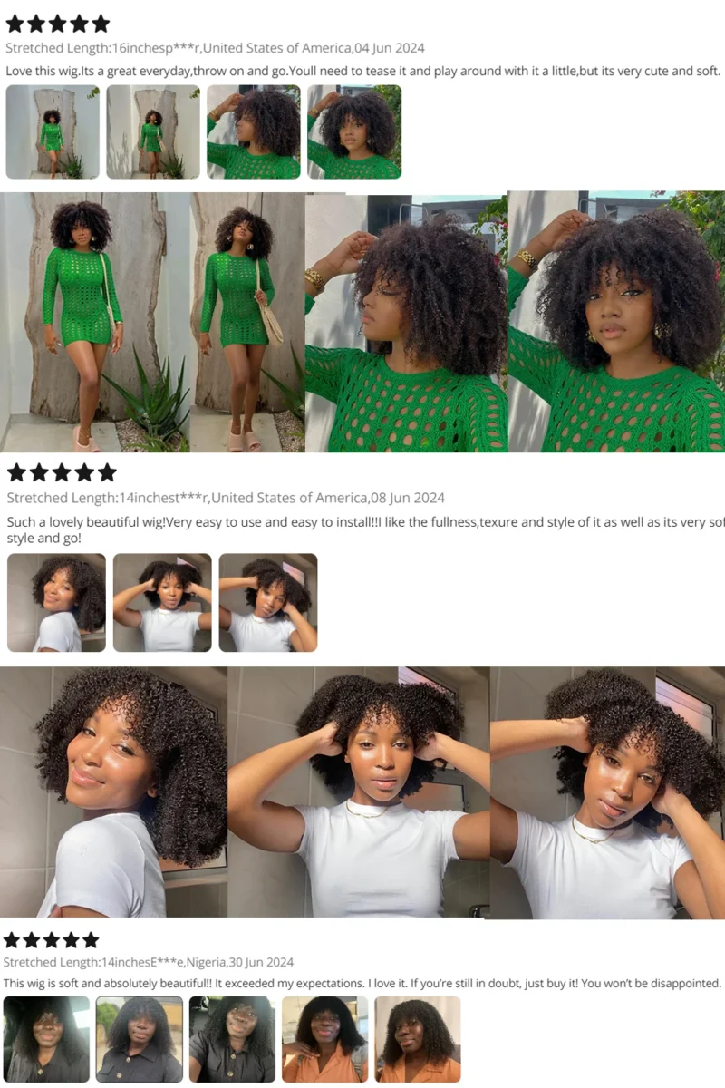 Afro Kinky Curly Human Hair Wig With Bangs For Black Women 180% 250% Density Brazilian Remy Full Machine Made Hair Yarra