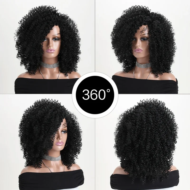 12 Inch Synthetic Afro Black Curly Wigs for Women Wave African American Wig with Side Bang Natural Hairstyles Full Hair Replacem