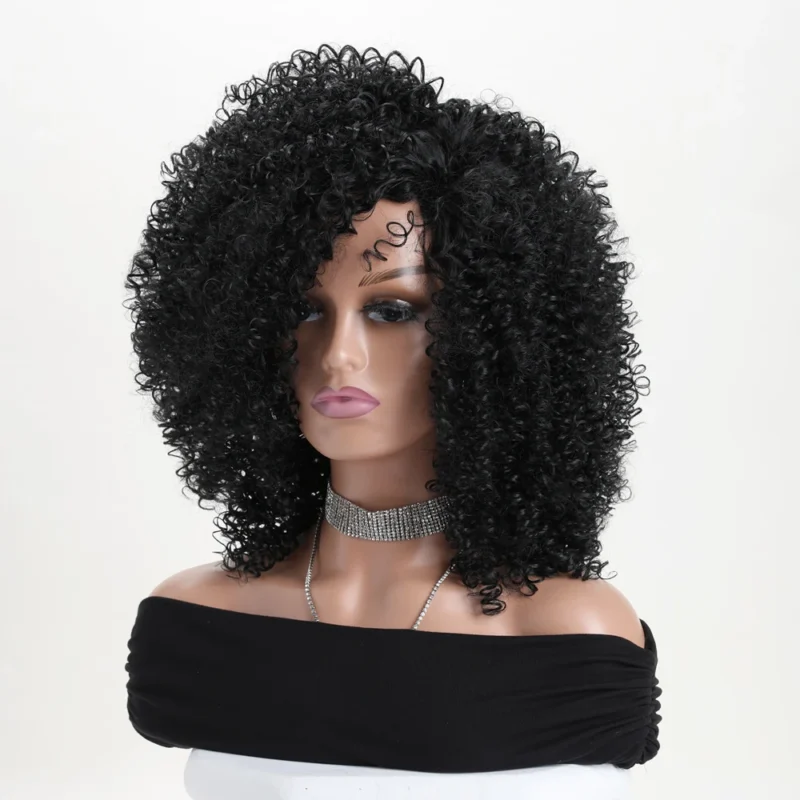 12 Inch Synthetic Afro Black Curly Wigs for Women Wave African American Wig with Side Bang Natural Hairstyles Full Hair Replacem