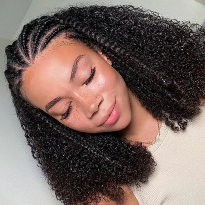 Short Bob Braid Wigs Human Hair Afro Kinky Curly Lace Front Wigs for Women Natural Black 250% Density Brazilian Remy Hair 16inch