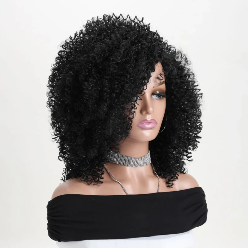 12 Inch Synthetic Afro Black Curly Wigs for Women Wave African American Wig with Side Bang Natural Hairstyles Full Hair Replacem