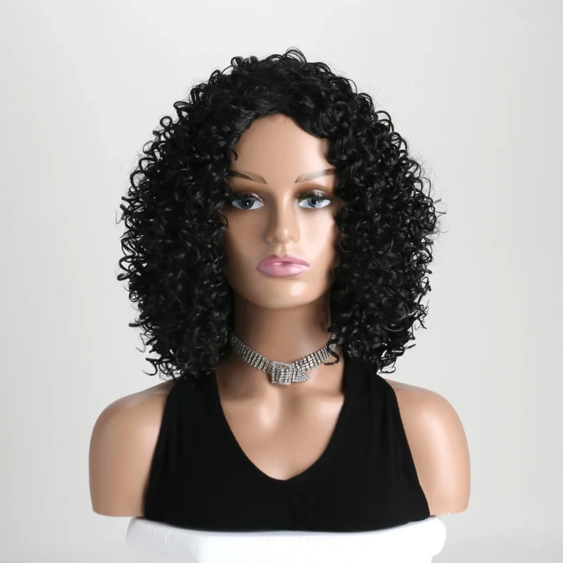 12 Inch Synthetic Afro Black Curly Wigs for Women Wave African American Wig with Side Bang Natural Hairstyles Full Hair Replacem