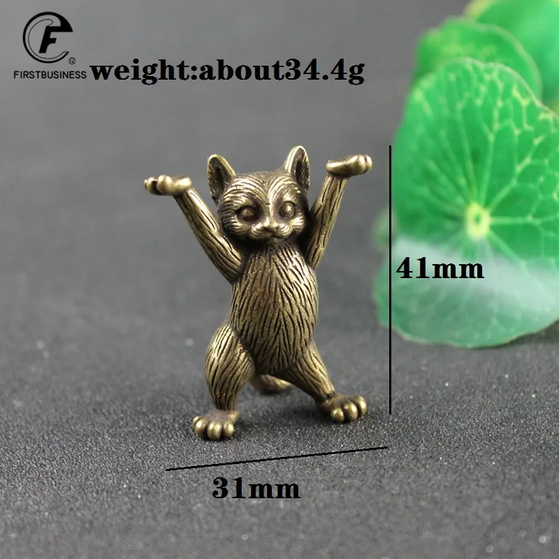 Antique Copper Cartoon Kung Fu Cat Statue Desktop Ornaments Metal Brass Animal Figurines Miniatures Home Decorations Accessories