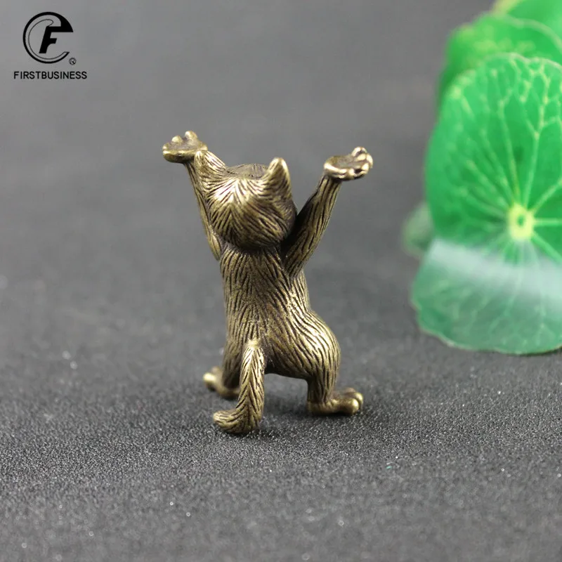 Antique Copper Cartoon Kung Fu Cat Statue Desktop Ornaments Metal Brass Animal Figurines Miniatures Home Decorations Accessories
