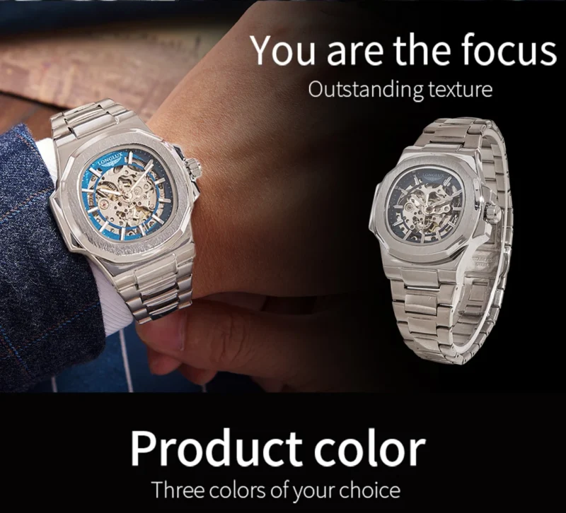 LONGLUX Men automatic mechanical watch luxury watches waterproof skeleton business cheap wholesale stainless steel gift watch