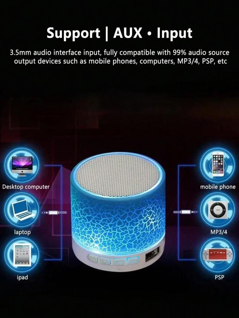 Wireless Mini Speaker, Subwoofer, Dazzle Crackle 7 Colour Light Wireless Mini Speaker, Portable Small Speaker