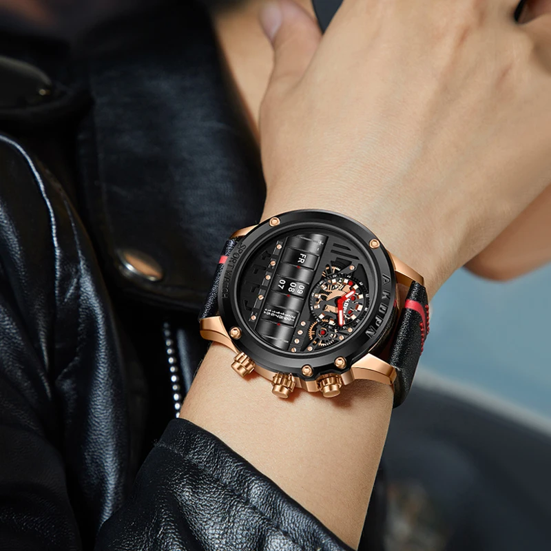 Luxury Mechanical Watch For Men Business Casual Watches Male Creative Men WristWatch Unique Rotate Date Leather Strap Watches