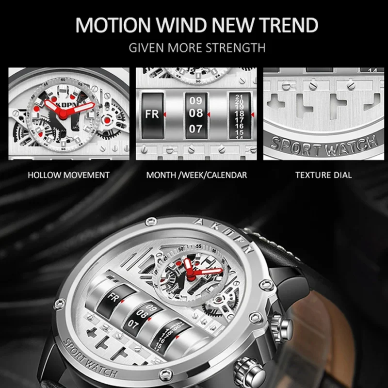 Luxury Mechanical Watch For Men Business Casual Watches Male Creative Men WristWatch Unique Rotate Date Leather Strap Watches